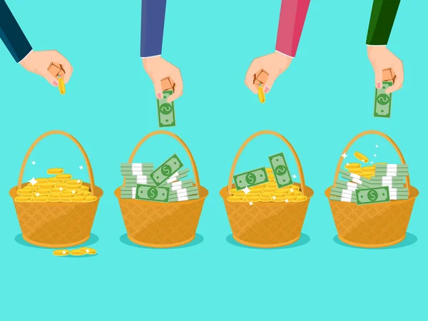 Businessmen divide the money into the basket. Concept of investment risk distribution