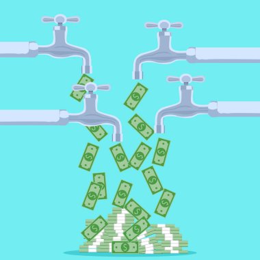 Banknotlar musluktan aktı. Ödeme konsepti vektörün birden fazla şekilde uzaması