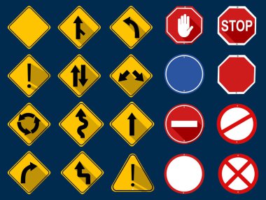 Trafik işaretleri dizisi. Arka planda yol işaretleri var. Vektör illüstrasyonu