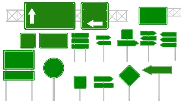 道路緑の交通標識を設定します テキスト用の場所とブランクボード ベクターイラスト — ストックベクタ