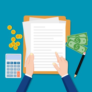 Finans belgelerini kontrol eden bir iş adamı. Nakit ve kalemle hesap makinesi. vektör illüstrasyonu