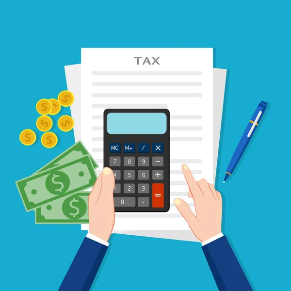 Homme Affaires Utilisant Une Calculatrice Formulaire Paiement Impôt Calculatrice Avec — Image vectorielle
