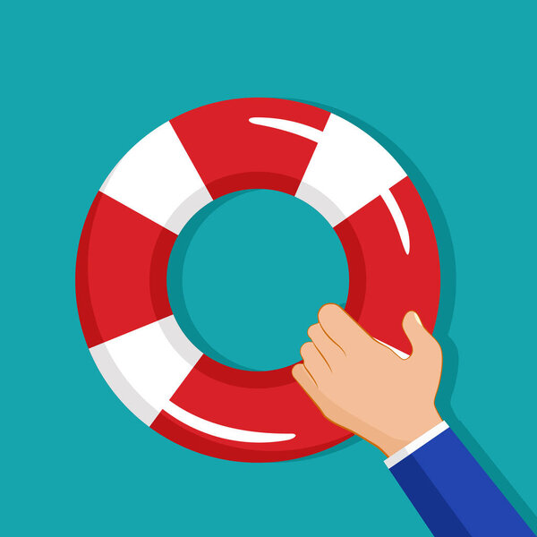 Рука держит спасательный круг. Символ помощи или поддержки выживания. помощь векторной иллюстрации концепции