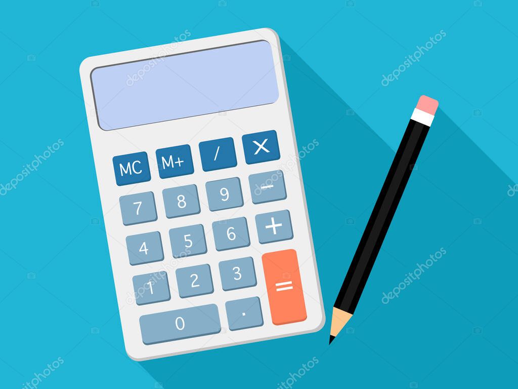 calculator and pencil top view. vector illustration