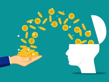 İnsan kafası bozuk parayla açılır. Beyin zenginlik yaratır. vektör illüstrasyonu