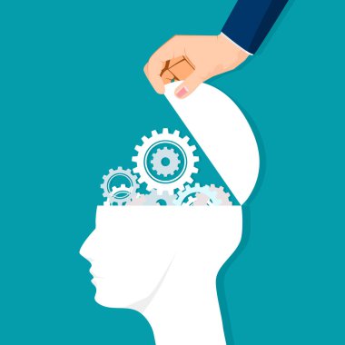 İnsan beyni bir dişli mekanizmasıyla açılır. Vektör çizimi. iş kavramı