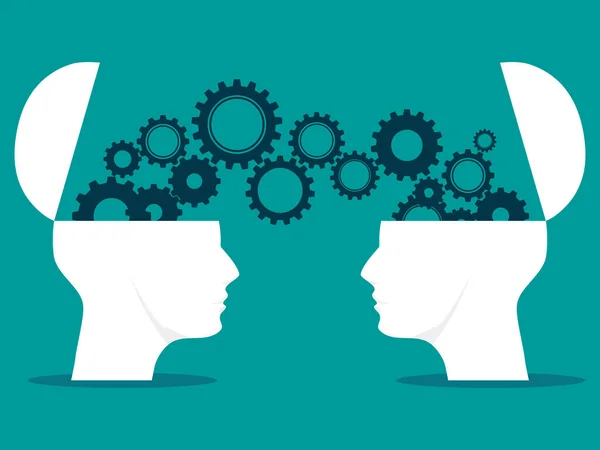 Two Heads Gears Sharing Ideas Two Heads Brainstorming Vector Business — Stock Vector