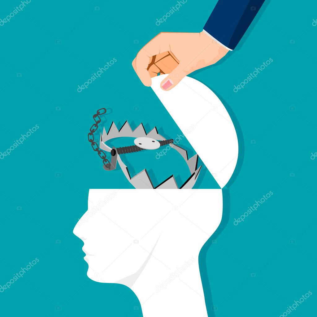 The head was opened with a trap. thought trap. vector illustration. business concept