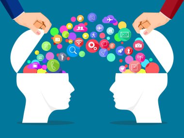 Kafa bir iletişim ikonu baloncuğuyla açılıyor. Bilgi alışverişi konsepti. vektör