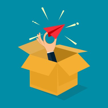 İş adamının elinde kutudan fırlayan bir kağıt uçak var. Kutu konseptinin dışında. vektör illüstrasyonu