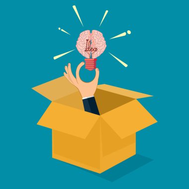 Ampul ve beyin. Kutunun dışındaki kavram. Vektör çizimi. iş kavramı