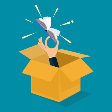 Kutudan kitap çıkaran bir iş adamı. Alışılmışın dışında öğreniyorum. Vektör çizimi. iş kavramı