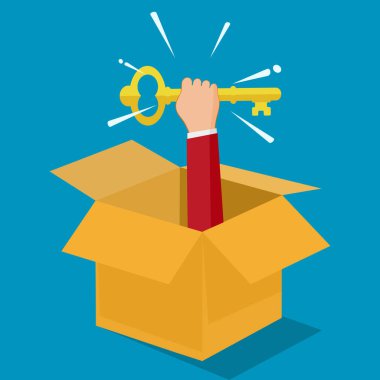 İş adamı elinde bir kutunun anahtarı tutuyor. Alışılmışın dışında düşün. Vektör çizimi. iş kavramı