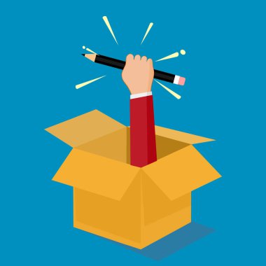 Kutudan kalem çıkaran bir iş adamı. Kutu konseptinin dışında. Vektör çizimi. iş kavramı