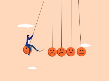 Duygusal denge. Bir grup üzgün yüze vurmak için gülümseyen bir sarkacın üzerinde oturuyor..