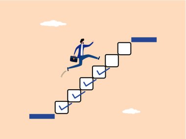 Geliştirme ya da meydan okuma, işadamı hedefe ulaşmak için bir kontrol listesi merdiveninde koşar