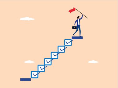 Son, tamamlama, işadamı hedefe ulaşmak için bir kontrol listesi merdivenine basıyor