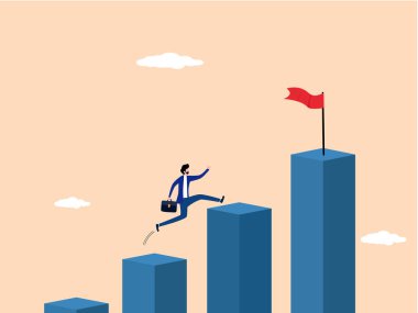 İşadamı çubuk grafiği ile hedeften hedefe koşuyor