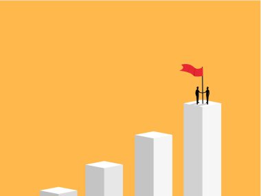 Çubuk grafikte iki işadamı başarı bayrağını birlikte taşıyor.