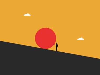 İş adamı dev bir kayayı tepeden yuvarlanmasını önlemek için itiyor..