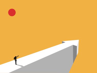 İş kadını ok şeklinde bir uçurumdan bakmak için dürbün kullanır.