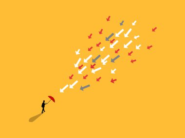 İş adamı kendini ok saldırılarından korumak için bir şemsiye tutuyordu.