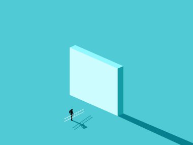 İş kadını duvara tırmanmak için bir merdiven tutuyor.