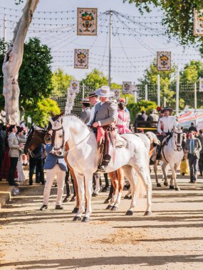Seville, İspanya - 06 Mayıs 2025: Bir açık hava kültürel etkinliğinde at sırtında İspanyol binici .