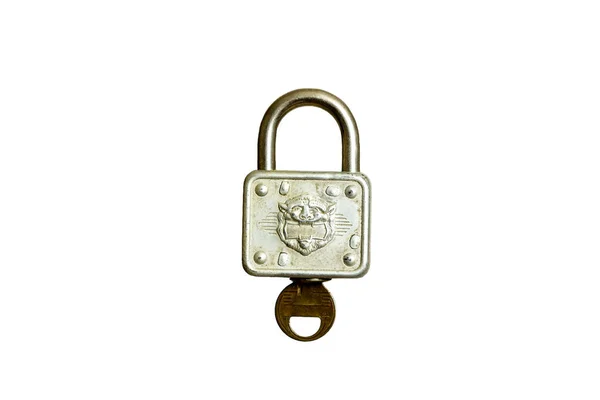 Antique Pad Lock Con Chiave Chiuso Sfondo Bianco — Foto Stock