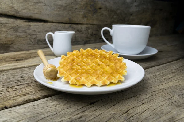 Waffle with a cup of Coffee and honey — Stock Photo, Image