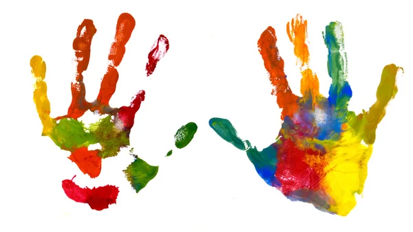 Руки Ребенок окрашен, штамп на бумаге — стоковое фото