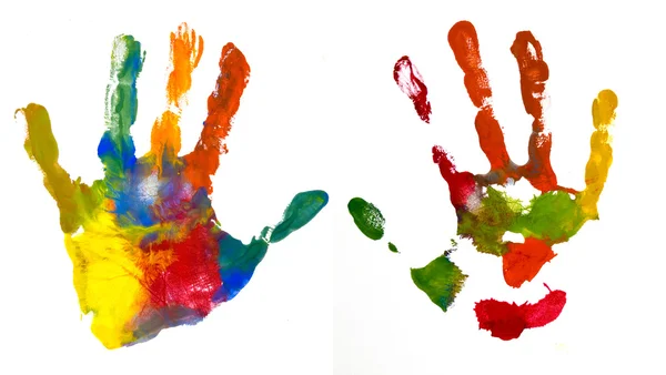 Hands Kid painted, stamped on paper, isolated on white — Stock Photo, Image