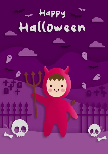 Šťastný Halloween Party Papírovém Stylu Dítětem Červeném Ďábelském Kostýmu Blahopřání — Stockový vektor