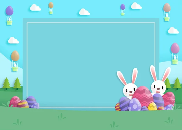 Tavşan ve paskalya yumurtalarıyla kağıt sanatında mutlu Paskalya günleri. Tebrik kartı, posterler ve duvar kâğıdı. Vektör illüstrasyonu.