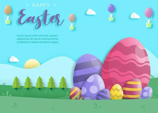 Χαρούμενη Ημέρα Πάσχα Χαρτί Τέχνης Στυλ Κουνέλι Και Πασχαλινά Αυγά — Διανυσματικό Αρχείο
