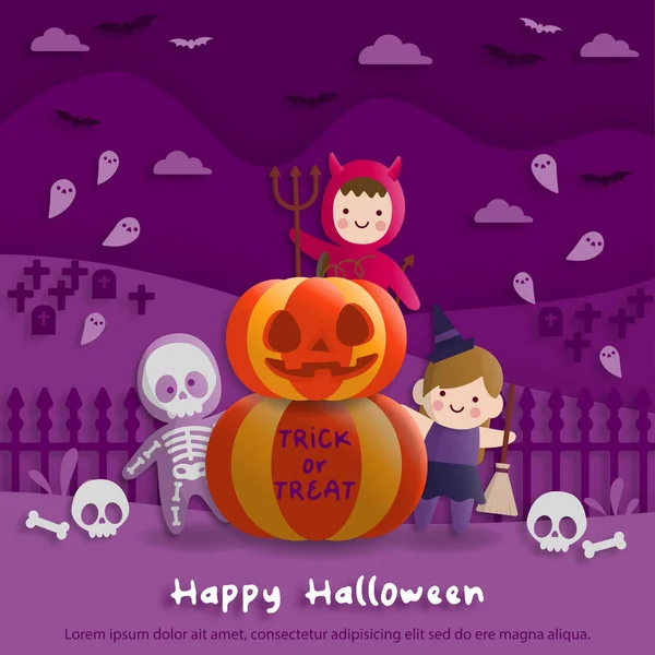 Halloween Party Papírovém Stylu Dětmi Sobě Ďábel Duch Čarodějnický Kostým — Stockový vektor