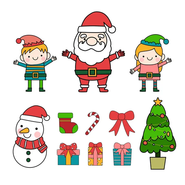 Santa Elf Füllten Umriss Clipart Frohe Weihnachten — Stockvektor