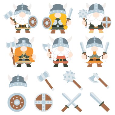 Cüceler Vikingler savaşçı erkek ve dişi vektör çizimleri.