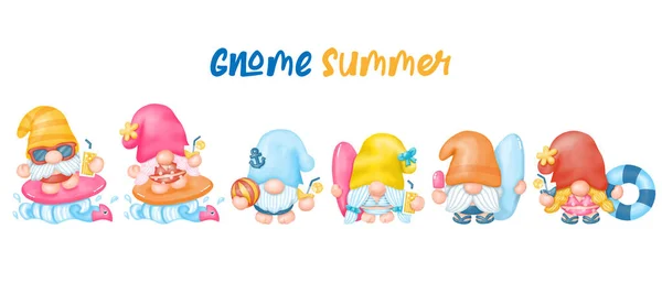 Summer Gnomes Clipart Beach Gnomes Watercolor Digital Painting — 스톡 벡터