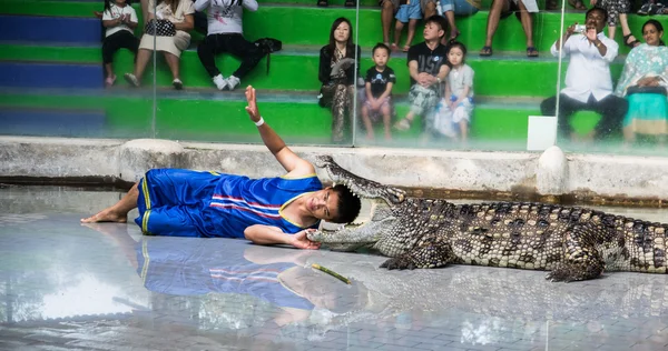 Chon Buri, Thailand - 1 januari 2015: krokodil show op crocodil — Stockfoto