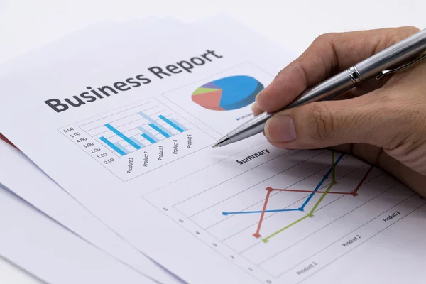 Business report och man hand. — Stockfoto