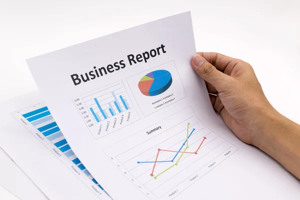 Business report och man hand. — Stockfoto