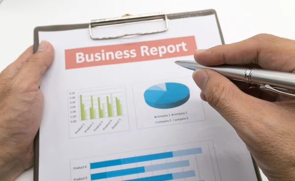 Business report och man hand. — Stockfoto