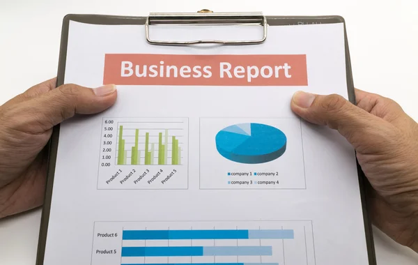 Üzleti jelentés és az ember kezét. — Stock Fotó
