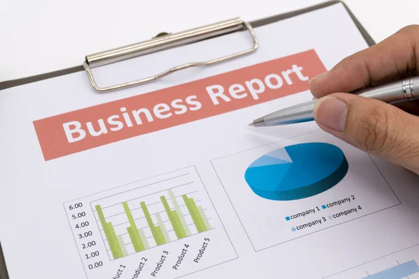 Business report och man hand. — Stockfoto