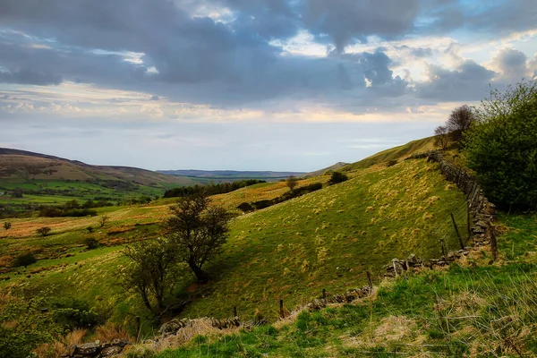 Yorkshire Countryside Brick Fence Hills View Kinder Scout England — Foto Stock