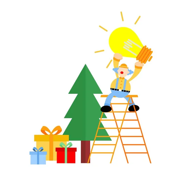 Χαρούμενα Χριστούγεννα Κλόουν Χρήση Φωτεινό Ηλεκτρικό Λαμπτήρα Ιδέα Κινουμένων Σχεδίων — Διανυσματικό Αρχείο