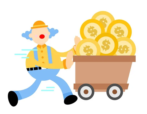 Happy Clown Cart Gold Coin Money Dollar Cartoon Doodle Vector — Vetor de Stock