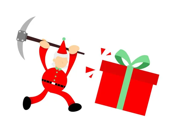 Roter Weihnachtsmann Mit Spitzhacke Für Geschenkbox Cartoon Doodle Flache Design — Stockvektor