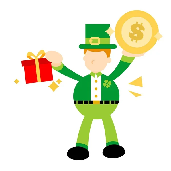 Heureux Leprechaun Choisissez Boîte Cadeau Argent Pièce Dessin Animé Doodle — Image vectorielle